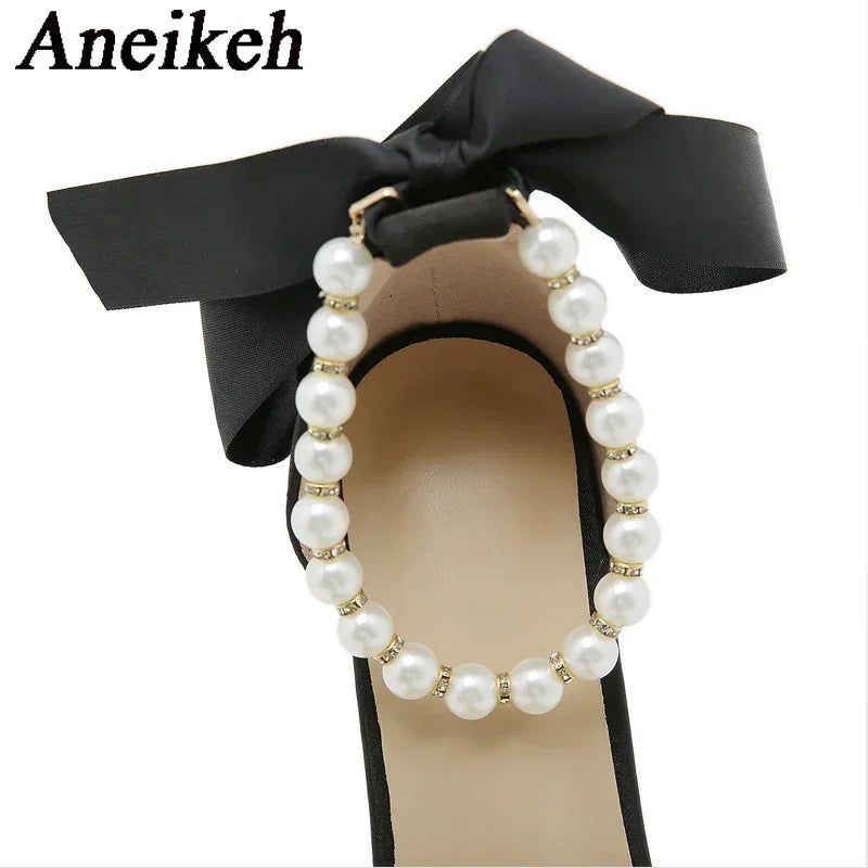 Aneikeh Fashion White String Bead Pointed Bead Strap Sandals Ankle Strap