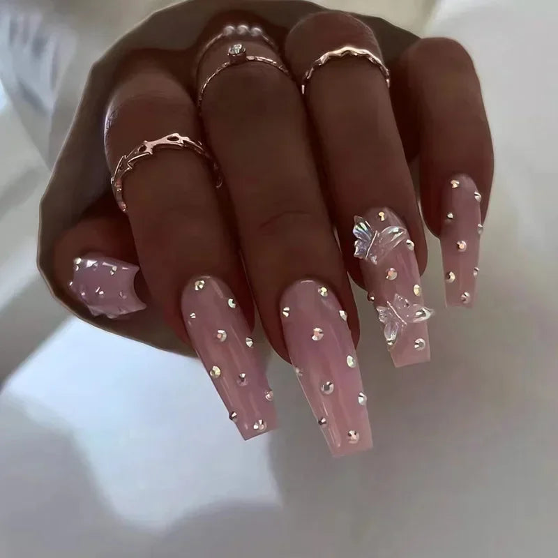 24Pcs Simple Blue French Fake Nails with Diamond Love Pattern Design False Nails Press on Mid-length Ballet Full Cover Nail Tips