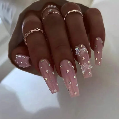 24Pcs Simple Blue French Fake Nails with Diamond Love Pattern Design False Nails Press on Mid-length Ballet Full Cover Nail Tips