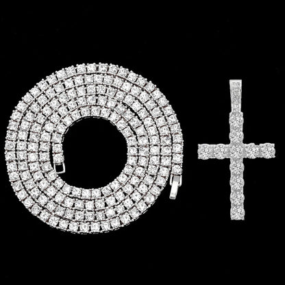 Hip Hop Iced Out Cross Pendant Necklace Strap 4mm Zircon Tennis Chain