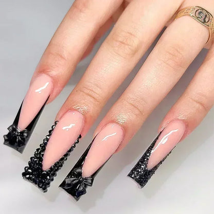 24Pcs Artifical False Nails with Glue Fake Nail Tips with Heart Designs Detachable Press on Nails XLong Finished False Nails tip