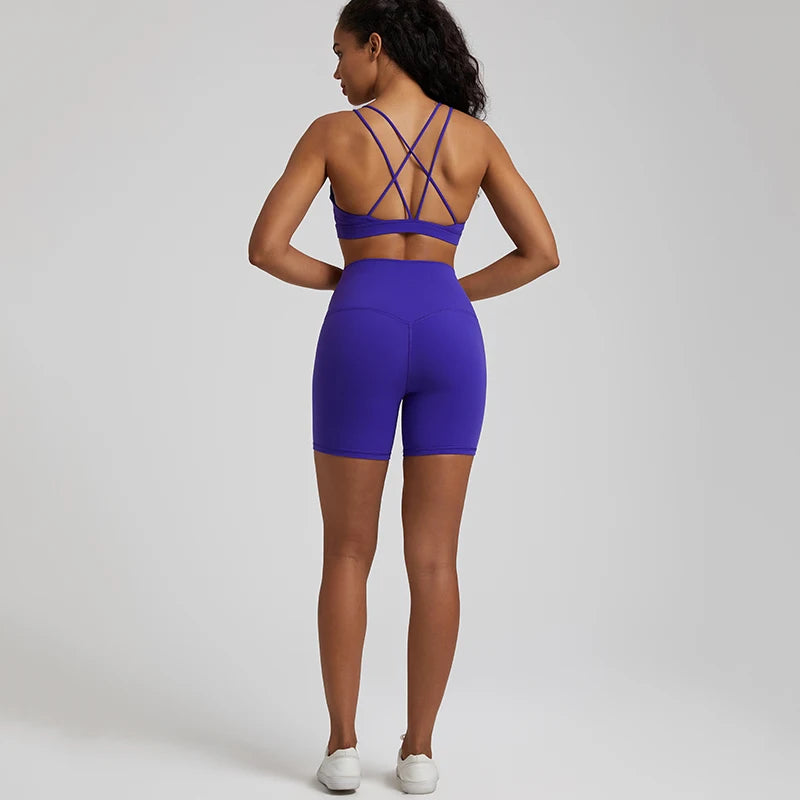 Naked Feel Gym Set Women Clothes High Waist Yoga Shorts and Strappy Sports Bra