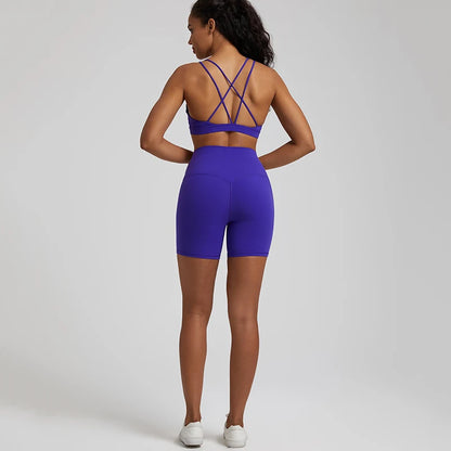 Naked Feel Gym Set Women Clothes High Waist Yoga Shorts and Strappy Sports Bra