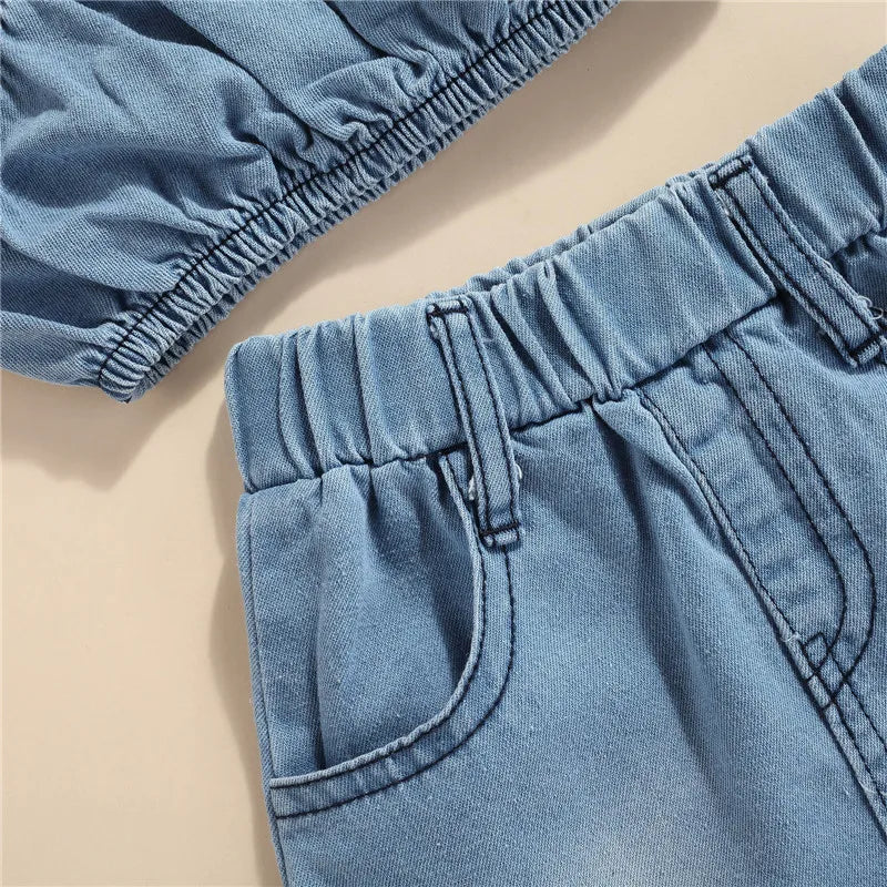1-5years Girls Summer Denim Clothes Set Solid Blue Short Sleeve Off-Shoulder Cropped Tops Irregular Hem Skirt
