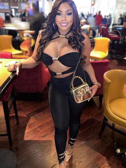 Weird Puss Metal Rings Patchwork Women Lace-Up Halter Sexy Hollow Sleeveless