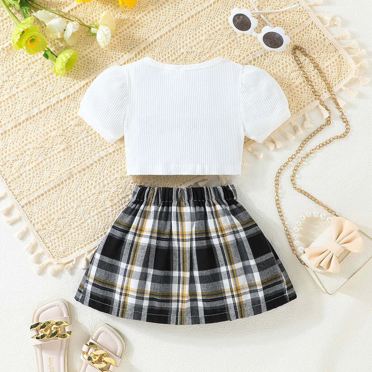Puff Sleeve Bow Top and Elastic Pleated Skirt Summer Outfit Toddler Infant Clothing Set Kids Wear