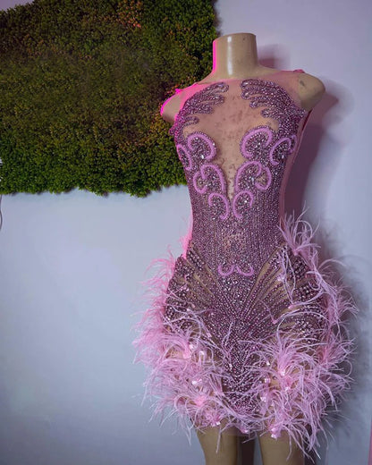 Stunning Sparkly Luxury Diamond Women Birthday Party Cocktail Gowns Sexy Sheer Pink Feather Mini