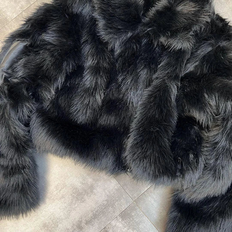 Winter Women Cotton Jacket Lapel Long Sleeve Patch Cross Short Fur Coat Black