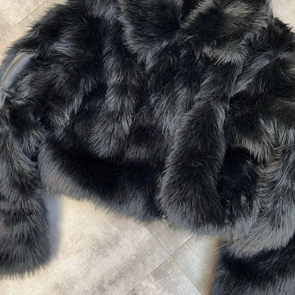 Winter Women Cotton Jacket Lapel Long Sleeve Patch Cross Short Fur Coat Black