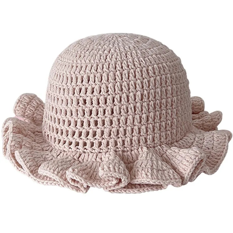 Handmade Crochet Knitted Hats Women Girl Crochet Scallop Ruffle Edge Knit Bucket Caps Adult Trendy Rainbow Striped Beach Sun Hat