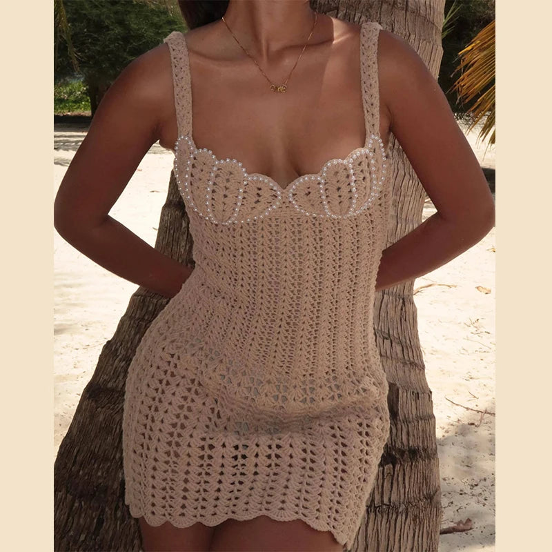 Beach Pearl Crochet Knitted Dress Women Slim Sleeveless Backless Hip Package Sling Dresses 2025