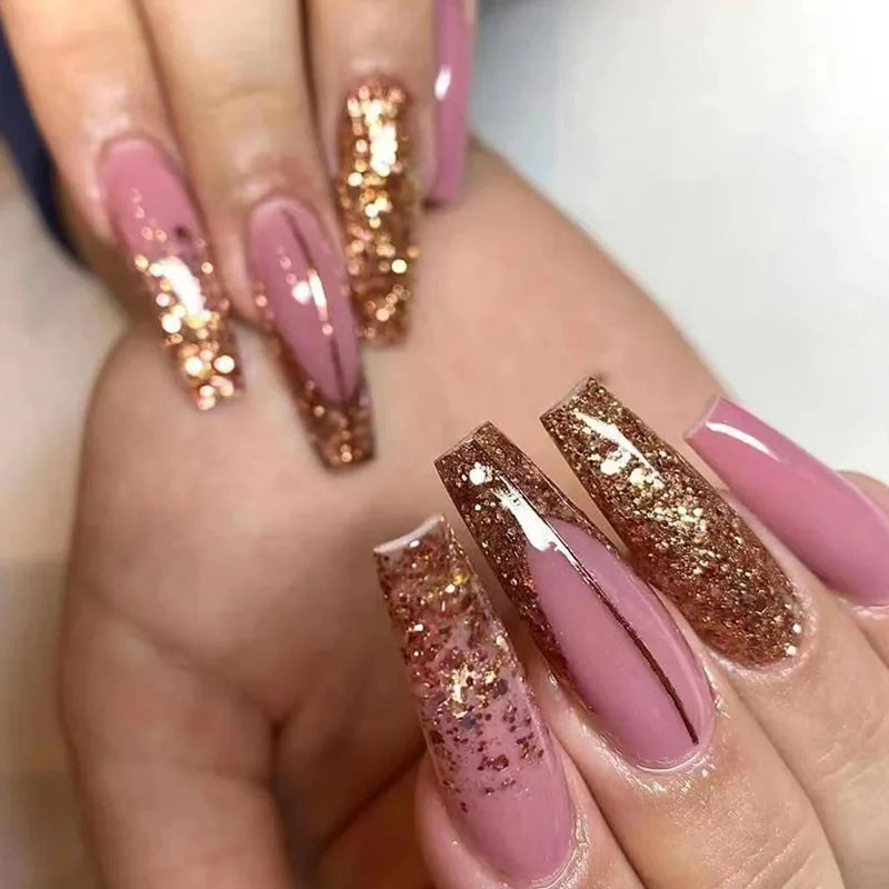 24Ps Super Long Ballet Wearable Fake Nails Blue Diamond Small Flower Press on Nail Stickers Finished Removable False Nail Pieces