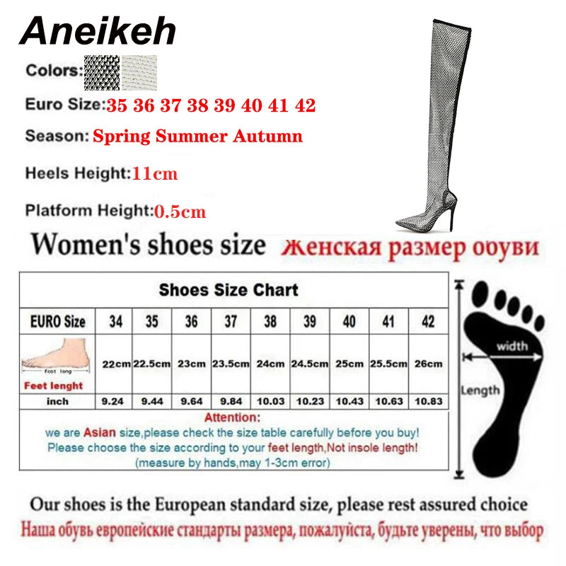 Aneikeh Sexy Bling Rhinestone Mesh Shoes Over The Knee Boots Women Pointed Toe Sandals Nightclub High Heels Botas Femininas