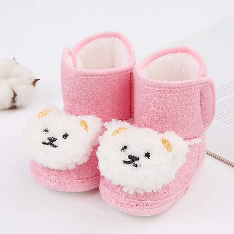 Winter Snow Baby Boots Cute Bear Warm Fluff Balls Indoor Soft Sole Infant Newborn Toddler Baby Shoes 0-18M