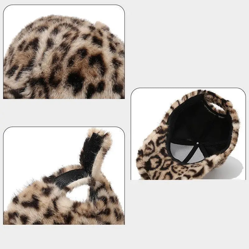 Leopard Print Baseball Cap Women Plush Faux Fur Keep Warm Winter Women's Cap Outdoor Vintage