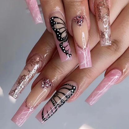 24Ps Super Long Ballet Wearable Fake Nails Blue Diamond Small Flower Press on Nail Stickers Finished Removable False Nail Pieces
