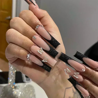 24Pcs Full Cover False Nails with Glue Long Square Coffin Fake Nails French Detachable Ballet Love Pattern Design Press on Nails
