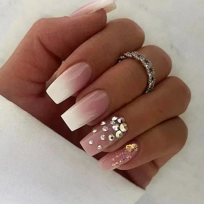 24Pcs Medium Short Square False Nails Glittering Nail Art White Wearable Fake Nail Silver French Full Cover Press on Nail Tips