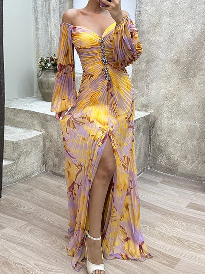V-Neck Sexy Split Maxi Dress, Long Sleeve Folds Printing Dress