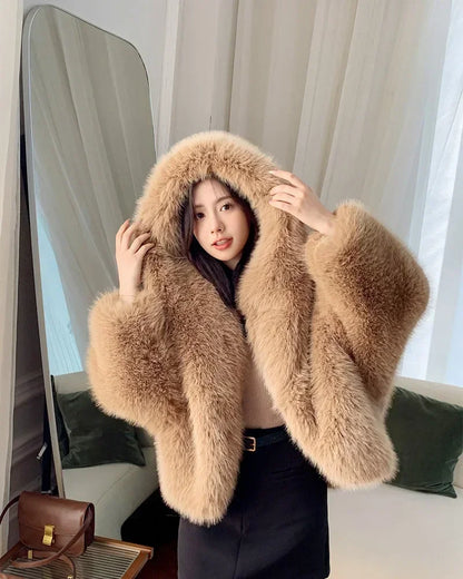 Fur Imitation Fox Hair Hooded Jacket Women's Korean Premium Furry Warm Jacket Women