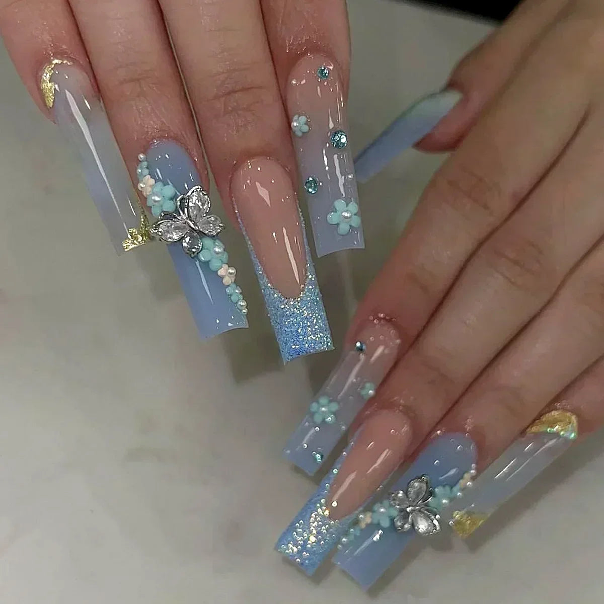 24Pcs White French False Nails Long Coffin Flower Butterfly with Rhinestones French Design Wearable Fake Nails Press on Nails