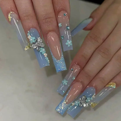 24Pcs White French False Nails Long Coffin Flower Butterfly with Rhinestones French Design Wearable Fake Nails Press on Nails