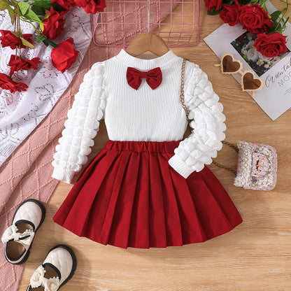 3 Colors Fashion Kids Girls Fall Clothes Sets 3-8Y Long Puff Sleeve Bow Front Tops + Pleated Skirt 2PCS