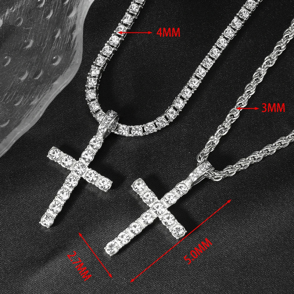 Hip Hop Iced Out Cross Pendant Necklace Strap 4mm Zircon Tennis Chain