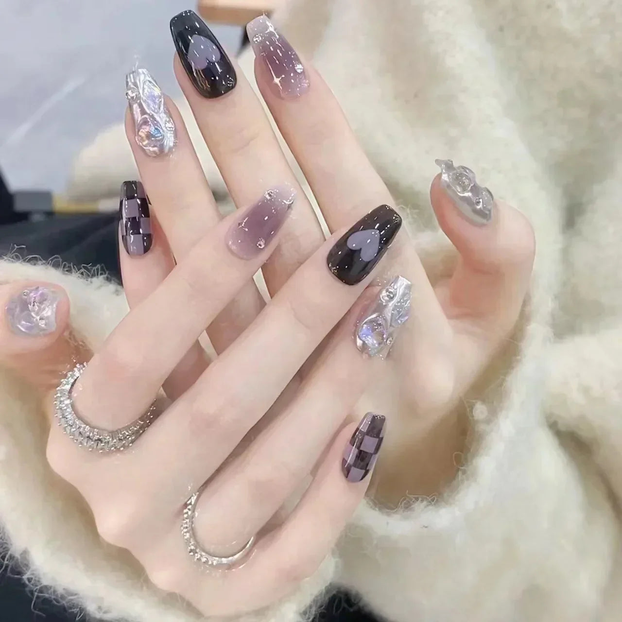 24pcs Detachable Short Press on Nails Y2k rhinestone False Nails with Glue Ballet Sweet Cool Girls Artificial False Nails Tips