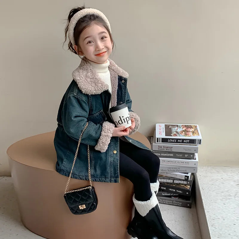 Winter Girls Jacket Kids Baby Girl Thicken Warm Fleece Velvet Coat Children Girl Denim Parkas Outerwear Jackets Clothes 2-8yrs