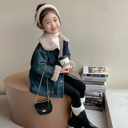 Winter Girls Jacket Kids Baby Girl Thicken Warm Fleece Velvet Coat Children Girl Denim Parkas Outerwear Jackets Clothes 2-8yrs
