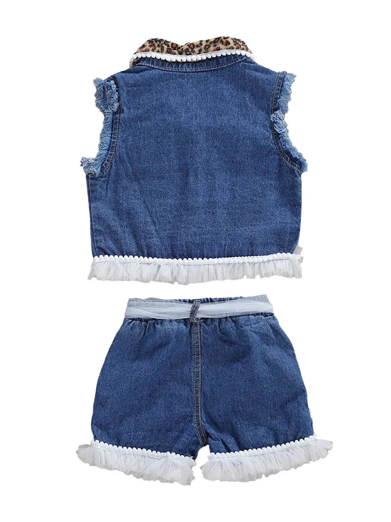 1-6years Baby Girls Denim Casual Outfit Sets Sleeveless Leopard Print Denim Top + Leopard Print Denim Shorts Suits Girls