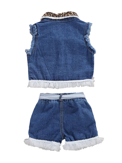 1-6years Baby Girls Denim Casual Outfit Sets Sleeveless Leopard Print Denim Top + Leopard Print Denim Shorts Suits Girls