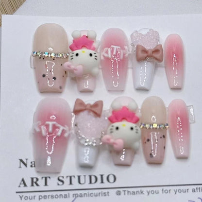 10Pcs Handmade Press on Nails Pink Hellokitty Charm Love Bow Decorated