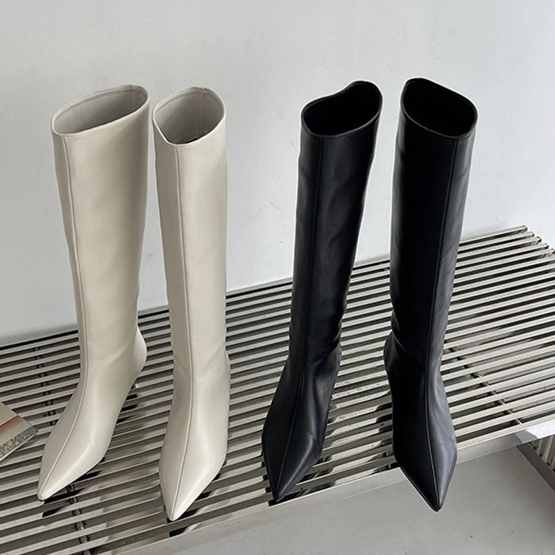 High Quality Soft Leather Pointed Toe Knee-High Boots Woman Cosy Slip-On Low Heels