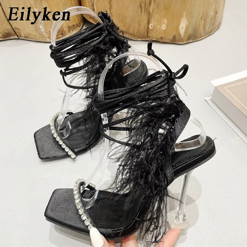 CRYSTAL Rhinestone Butterfly-knot Transparent Square Toe Women Sandals 2025