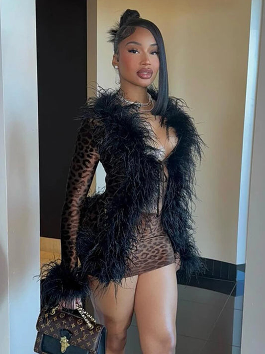 Weird Puss Leopard Print 2 Piece Set Sexy Women Y2k Furry Neck Cardigan Tops+Mini Skirts Midnight Club Vacation Matching Suits