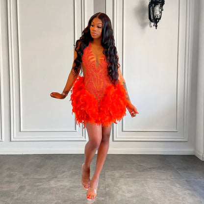 Luxury Sheer Neckline Women Cocktail Dress Pink Feather Black Girl Short Prom Dresses