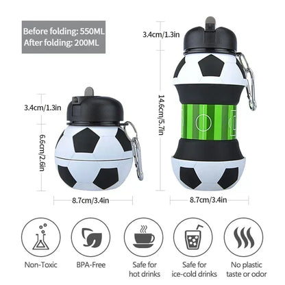1 Liter Foldable Football Kids Water Bottles Portable Sports Water Bottle Football Soccer Ball Shaped Water Bottl Silicone Cup