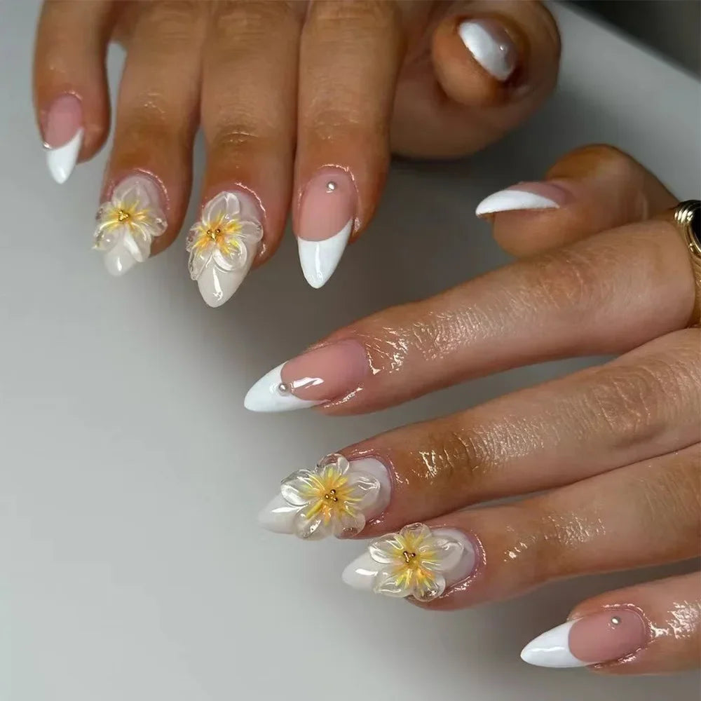 24Pcs Pink Almond French Press on Nails With 3D Bow ripple charms Design Fake Nails Ballerina False Nails Full Cover Nail Tips