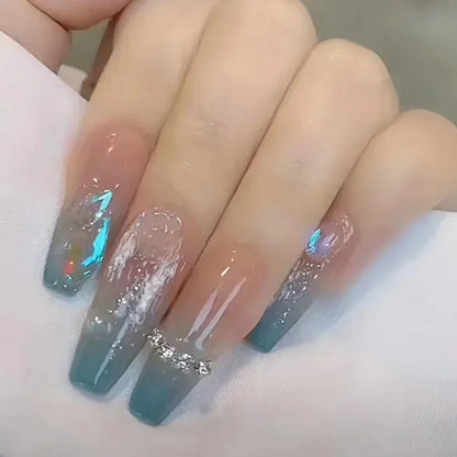 24Pcs Gradient Long Coffin False Nails with Green Rhinestones Design Black Square French Full Cover Press on Nail Tips for Girls