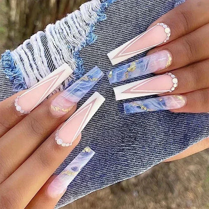 24Pcs False Nails Long Coffin Ballet French with Rhinestones Wearable Fake Nails Blue Flower Full Cover Press on Nails Tips Art