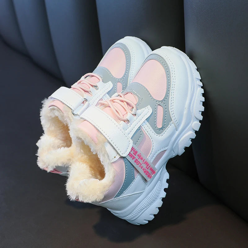 Girls Running Shoes Thick Soft Sole Students Sneakers with Fur Winter New Children Sports Shoes Non-slip Hook&loop Trendy