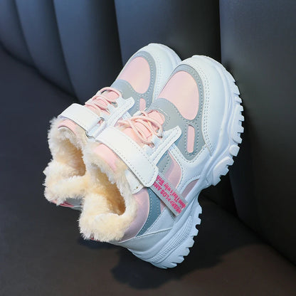 Girls Running Shoes Thick Soft Sole Students Sneakers with Fur Winter New Children Sports Shoes Non-slip Hook&loop Trendy