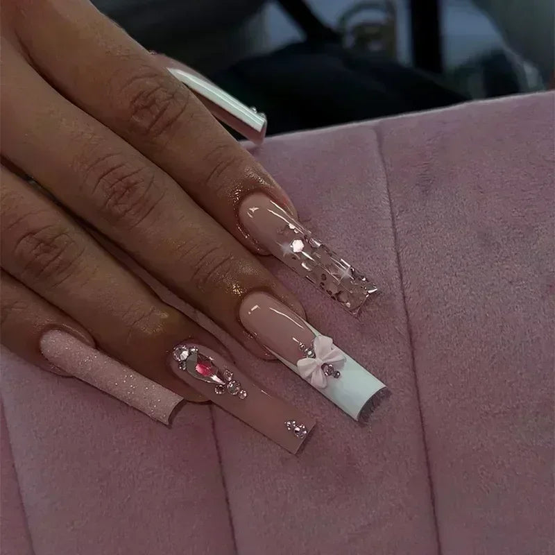 24Pcs Full Cover False Nails with Glue Long Square Coffin Fake Nails French Detachable Ballet Love Pattern Design Press on Nails