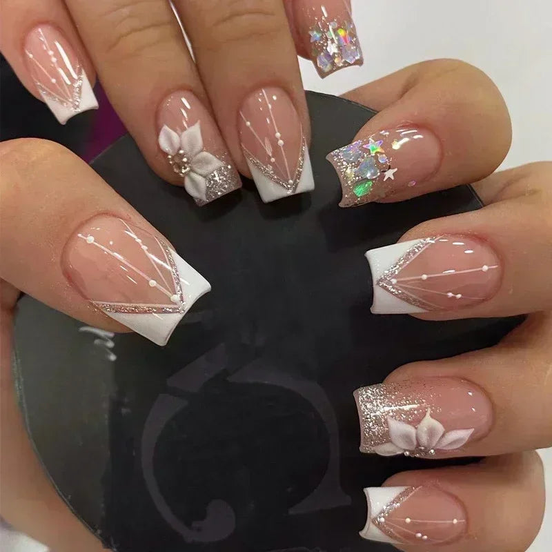 24Pcs Short Square French False Nails with Flower Shiny White Edge Design Pink Glitter Fake Nails Full Cover Press on Nails Tips