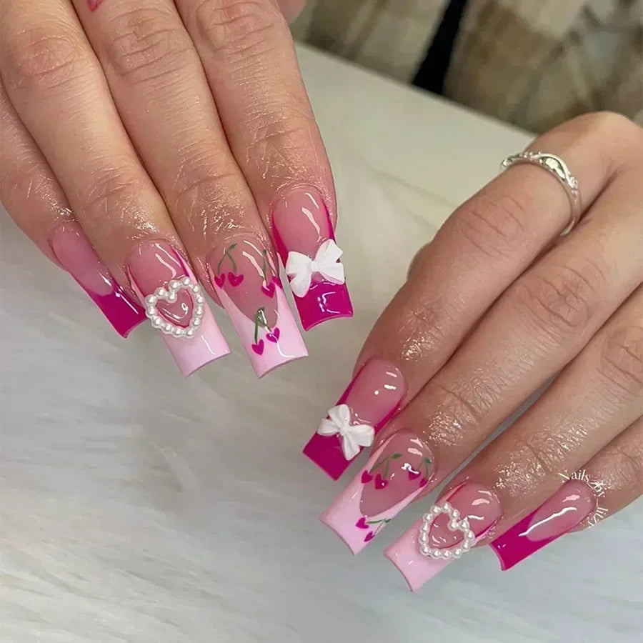 24Pcs Artifical False Nails with Glue Fake Nail Tips with Heart Designs Detachable Press on Nails XLong Finished False Nails tip