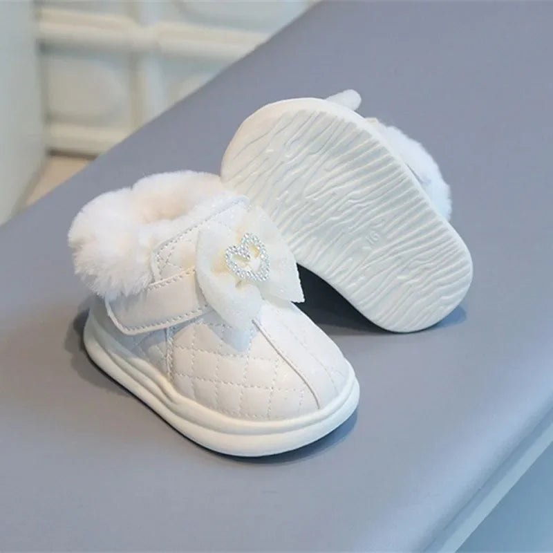 Winter Girl Baby Warm Cotton Boots Fashionable Bow Love Diamond Infant Kids Walking Shoes Cute Waterproof Boy Children Snow Boot
