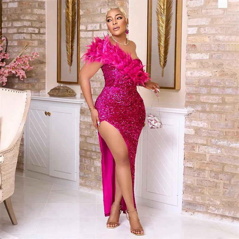Autumn One Shoulder Elegant Glam Long Feather High Split Sequins Sparkly Sexy Gowns
