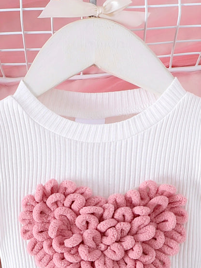 2PCS Winter New Style For 0-3 Year Old Girls, Comfortable Sweet And Cute Bubble Sleeves, Love Chapter Top + Pink Short Skirt Set